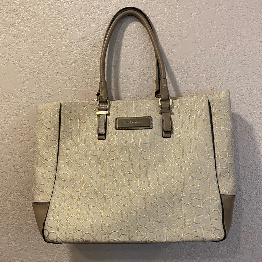 Calvin Klein Beige/Gold Large Zipper Canvas Tote Travel Bag